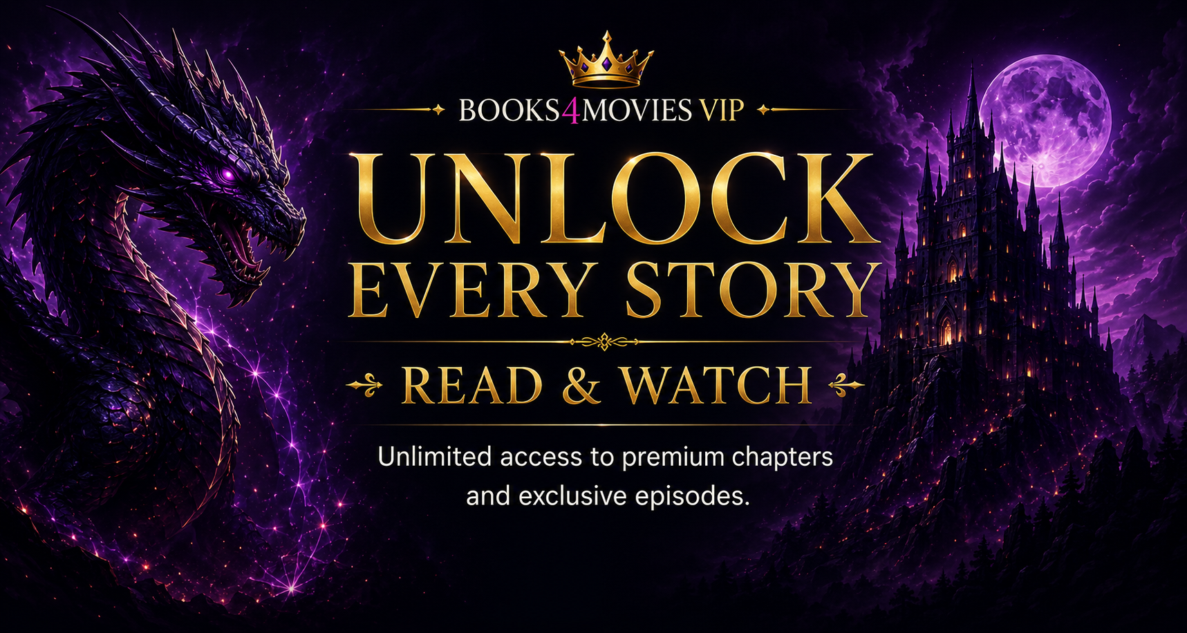 Books4Movies VIP banner featuring a purple dragon, gothic fantasy castle, and premium membership messaging promoting unlimited access to story chapters and video episodes.