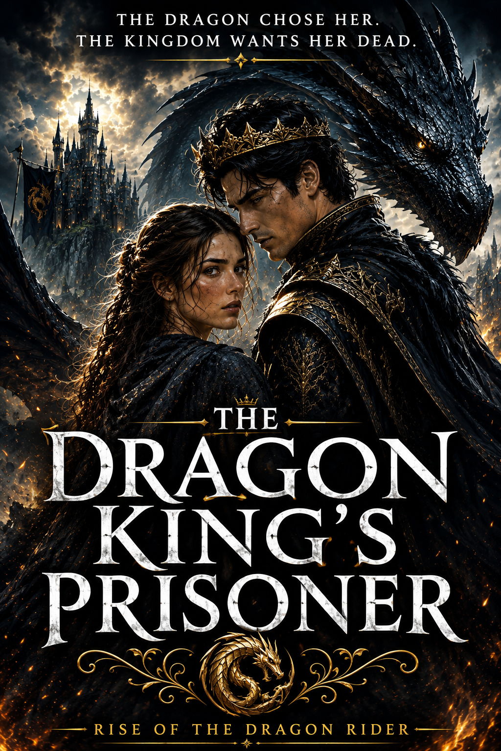 Book cover for The Dragon King's Prisoner featuring Lyra, a dark dragon king, a massive black dragon, and a gothic fantasy castle. Epic fantasy romance about dragon riders, forbidden destiny, and royal intrigue.